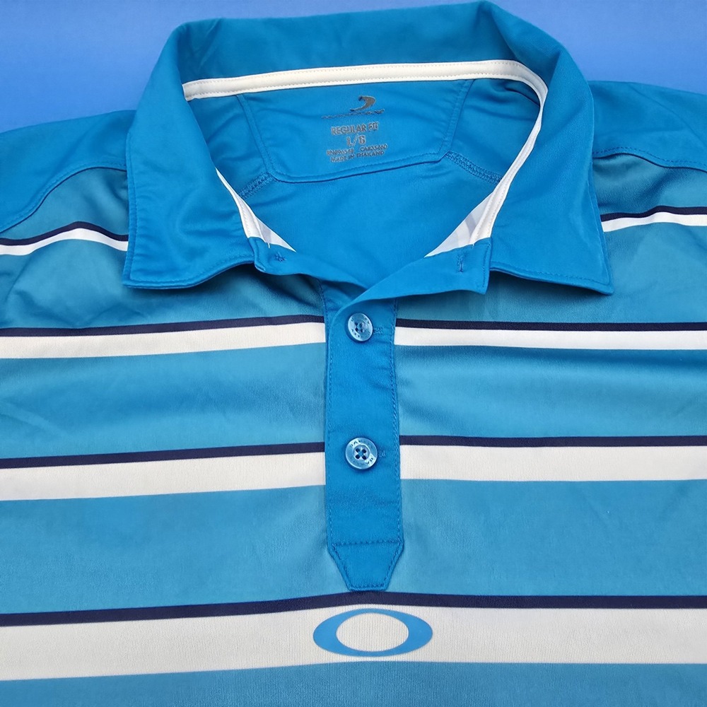 OAKLEY GOLF POLO SHIRT AQUA BLUE WHITE STRIPE -POLY HYDROLIX Size Large - Picture 2 of 8
